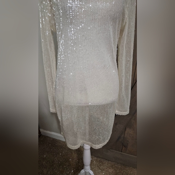 NASTY GAL Sheer Sequin Detail Long Sleeve Mini Shift Dress Off White.Size 4 NWT - Picture 7 of 15
